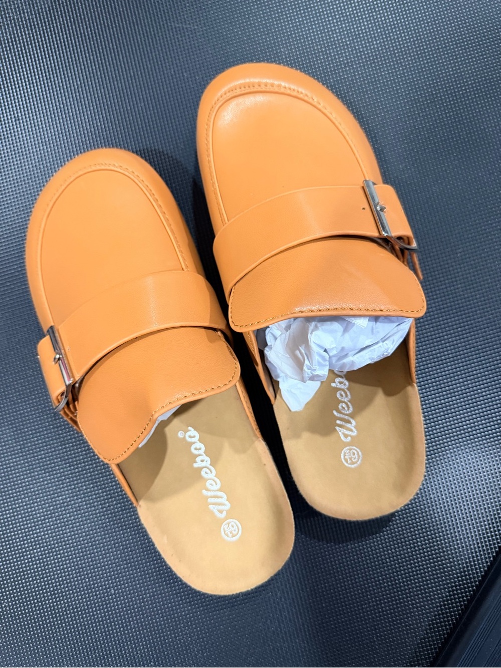 NWOT Camel Faux Leather Slide Clogs with Buckle